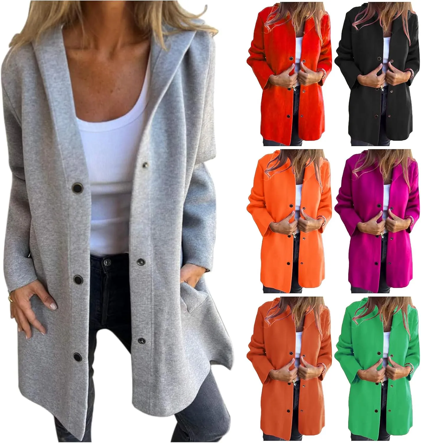 Coat for Women Casual Lapel Single Breasted Jacket Trench Coat Long Sleeve Hooded Cardigan Sweater Fall Outfits Pocket