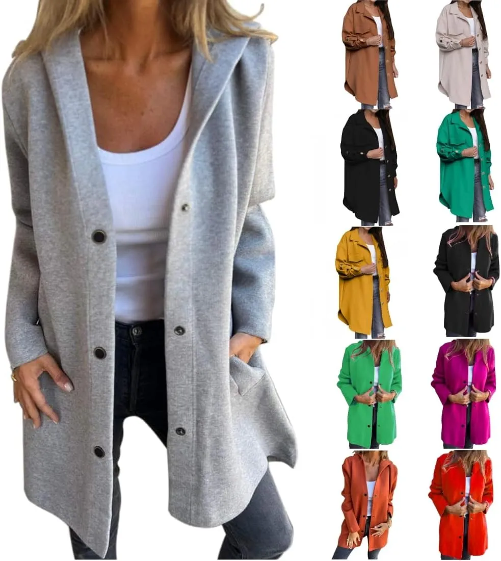 Coat for Women Casual Lapel Single Breasted Jacket Trench Coat Long Sleeve Hooded Cardigan Sweater Fall Outfits Pocket