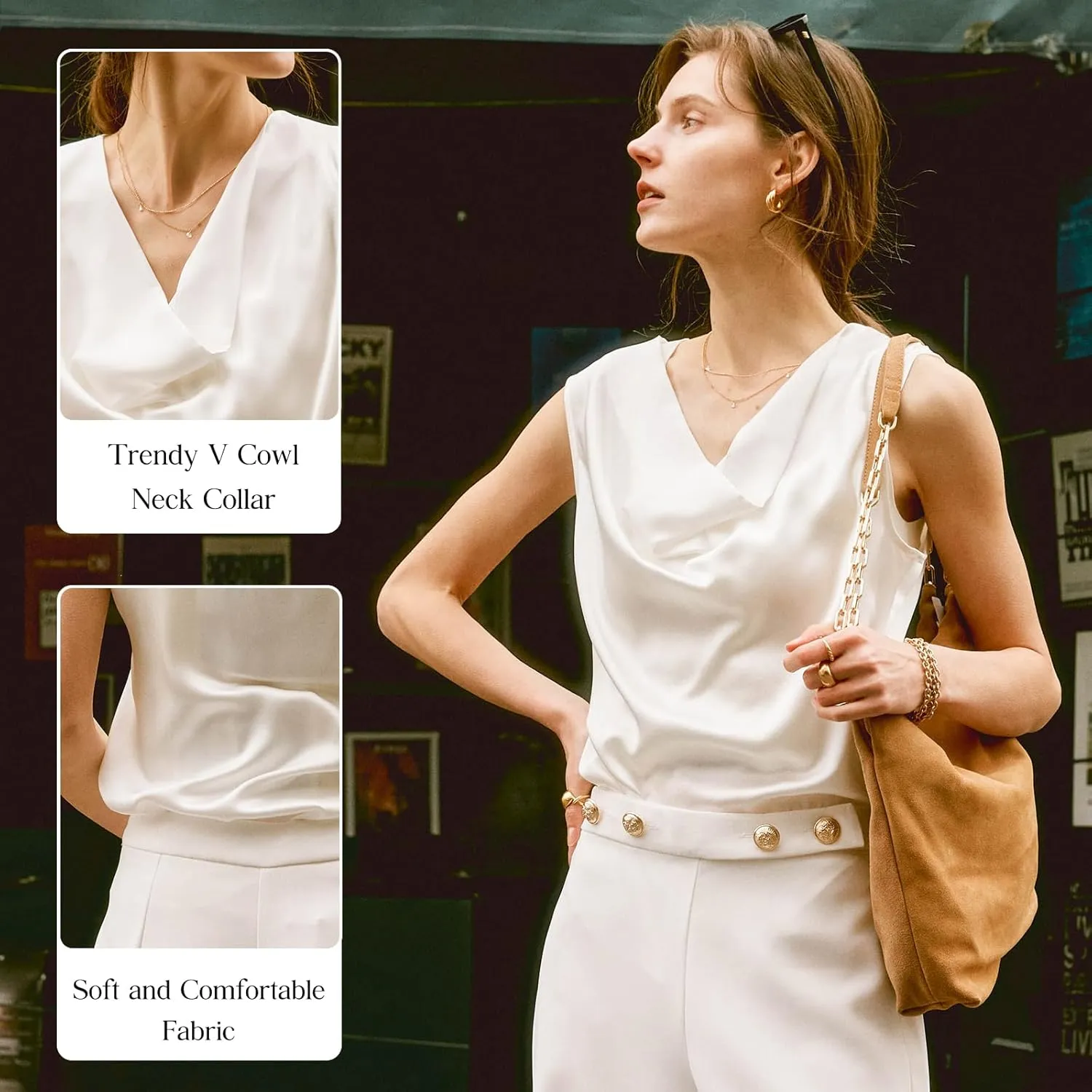 COLD POSH Mulberry Silk Camisole Tops for Women Luxury Cowl Neck Tank Top Classic Comfy Camisoles Summer Sleeveless Blouses