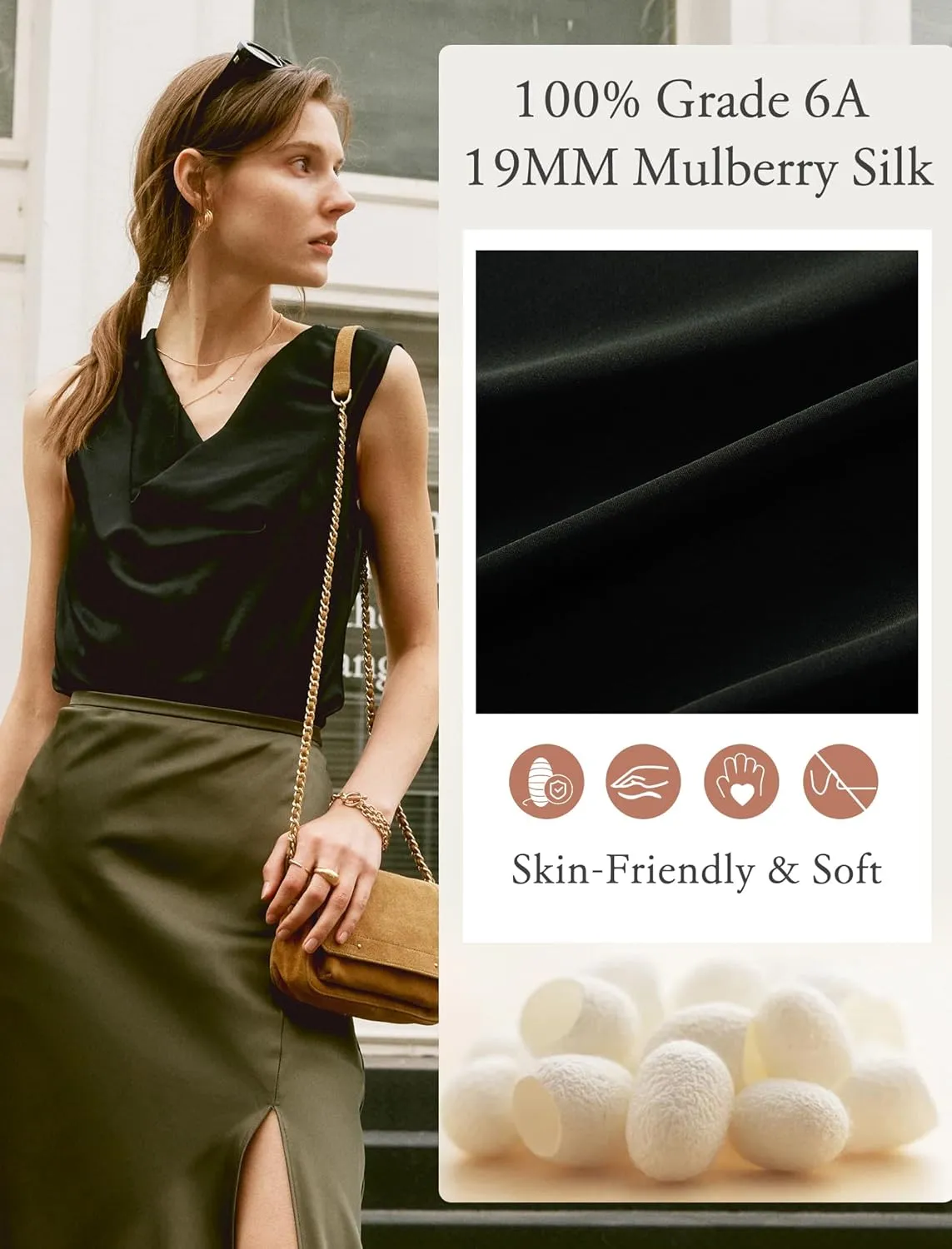 COLD POSH Mulberry Silk Camisole Tops for Women Luxury Cowl Neck Tank Top Classic Comfy Camisoles Summer Sleeveless Blouses