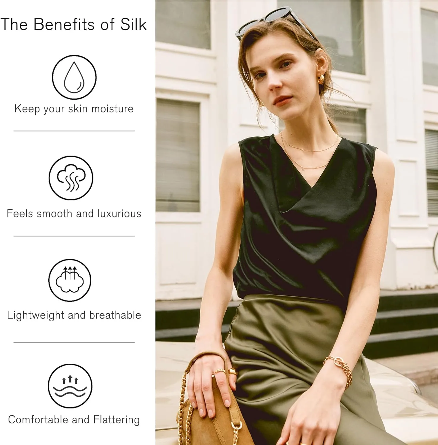 COLD POSH Mulberry Silk Camisole Tops for Women Luxury Cowl Neck Tank Top Classic Comfy Camisoles Summer Sleeveless Blouses