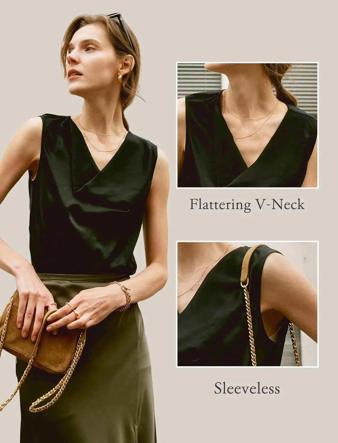 COLD POSH Mulberry Silk Camisole Tops for Women Luxury Cowl Neck Tank Top Classic Comfy Camisoles Summer Sleeveless Blouses