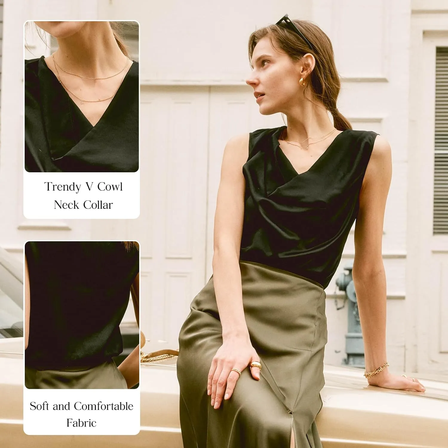 COLD POSH Mulberry Silk Camisole Tops for Women Luxury Cowl Neck Tank Top Classic Comfy Camisoles Summer Sleeveless Blouses