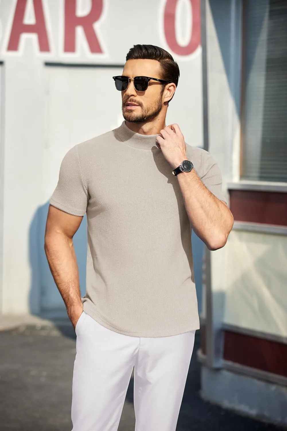 COOFANDY Mens Mock Turtleneck Sweater Short Sleeve Turtle Neck Sweaters Casual Ribbed Knited Pullover Tops Solid Basic Tee