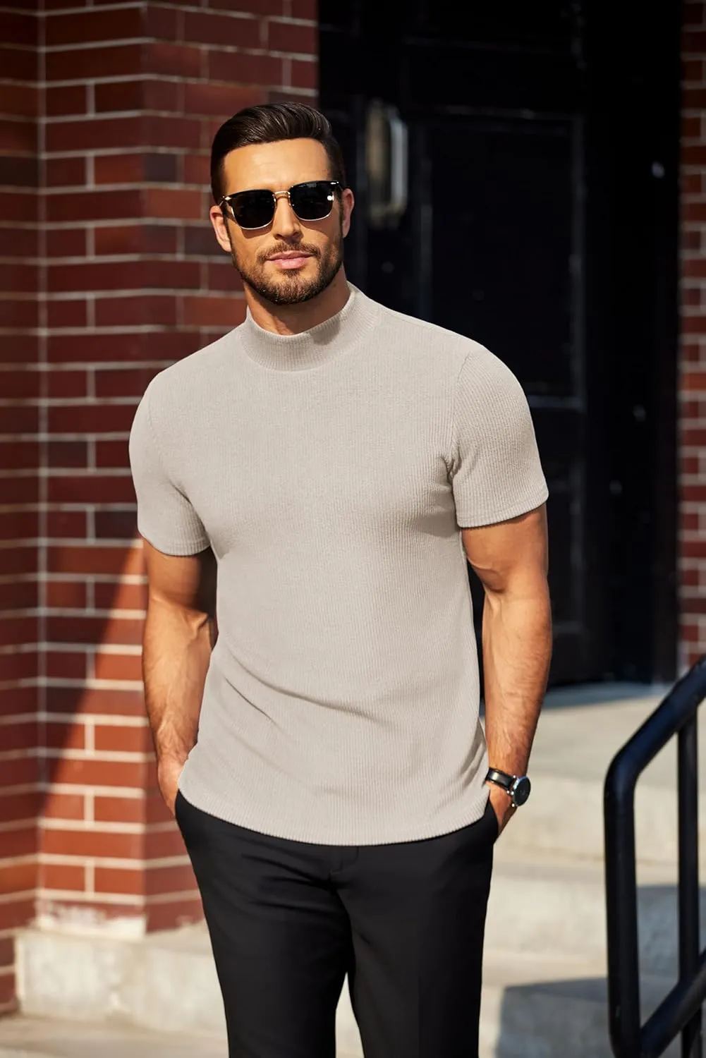 COOFANDY Mens Mock Turtleneck Sweater Short Sleeve Turtle Neck Sweaters Casual Ribbed Knited Pullover Tops Solid Basic Tee