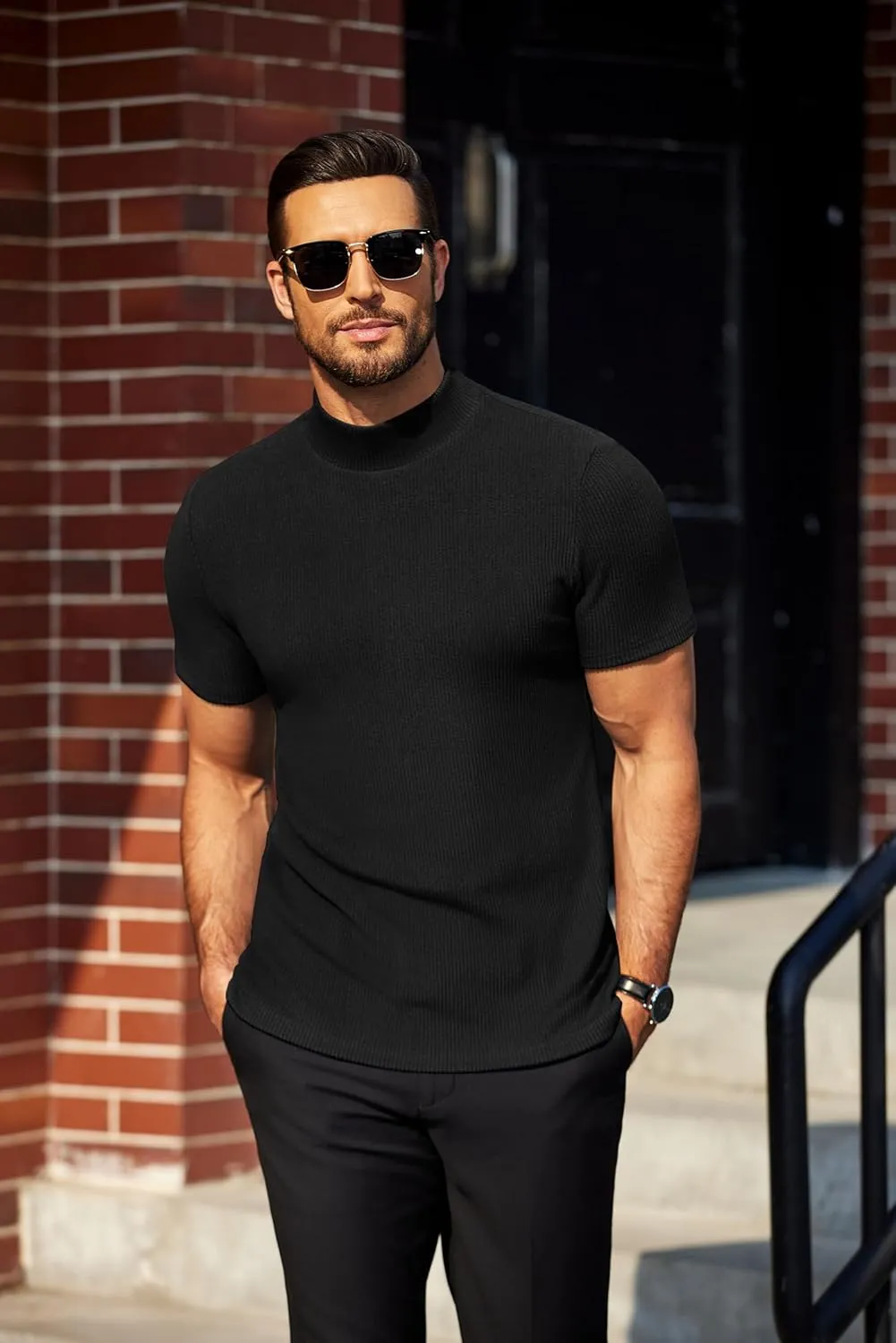 COOFANDY Mens Mock Turtleneck Sweater Short Sleeve Turtle Neck Sweaters Casual Ribbed Knited Pullover Tops Solid Basic Tee