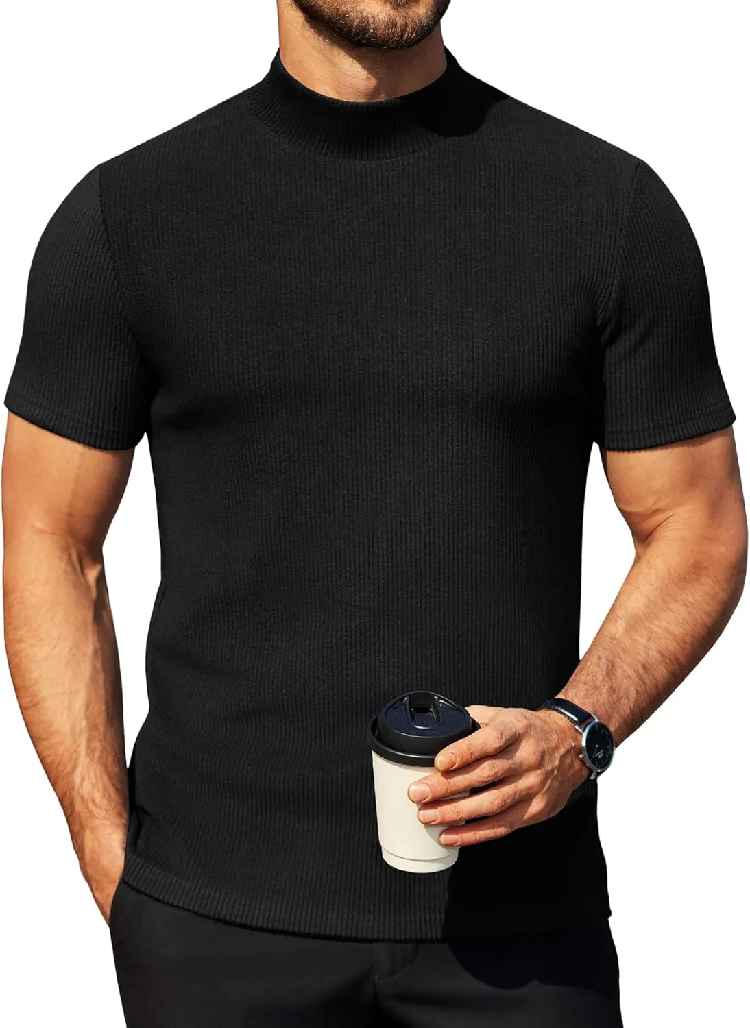 COOFANDY Mens Mock Turtleneck Sweater Short Sleeve Turtle Neck Sweaters Casual Ribbed Knited Pullover Tops Solid Basic Tee