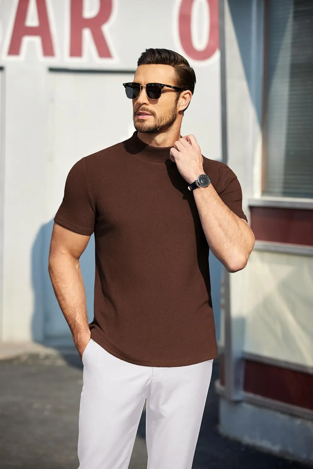 COOFANDY Mens Mock Turtleneck Sweater Short Sleeve Turtle Neck Sweaters Casual Ribbed Knited Pullover Tops Solid Basic Tee