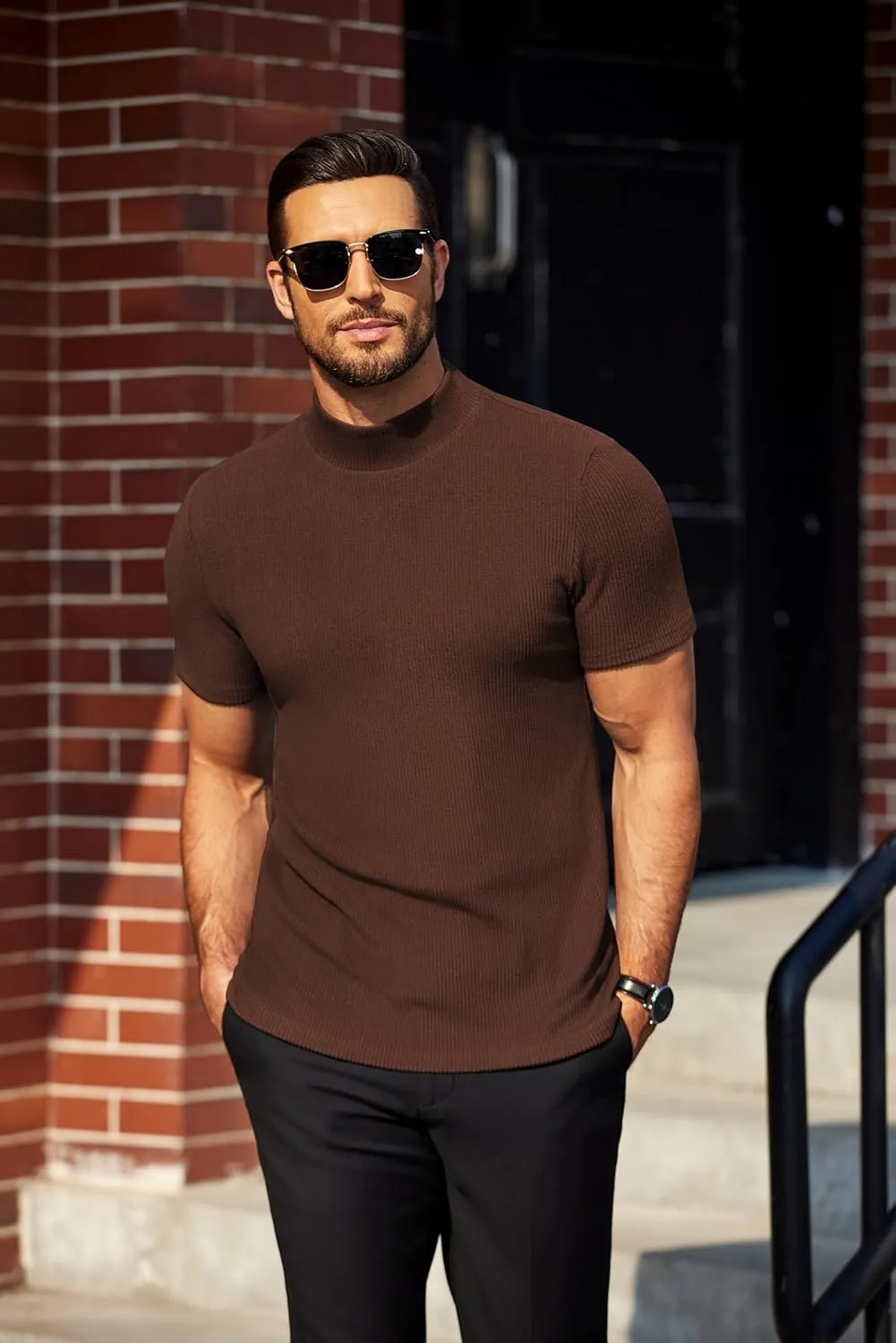 COOFANDY Mens Mock Turtleneck Sweater Short Sleeve Turtle Neck Sweaters Casual Ribbed Knited Pullover Tops Solid Basic Tee