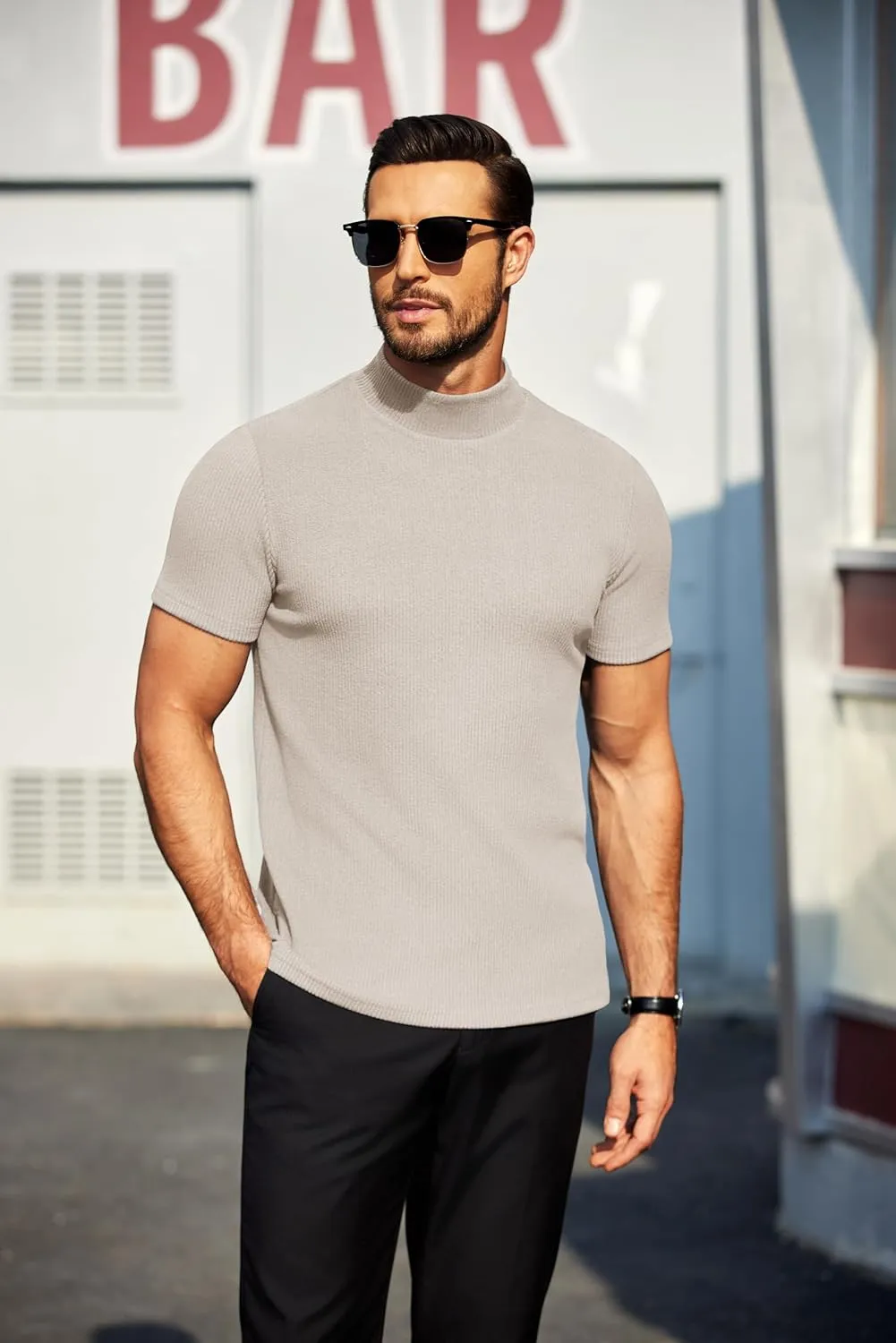 COOFANDY Mens Mock Turtleneck Sweater Short Sleeve Turtle Neck Sweaters Casual Ribbed Knited Pullover Tops Solid Basic Tee