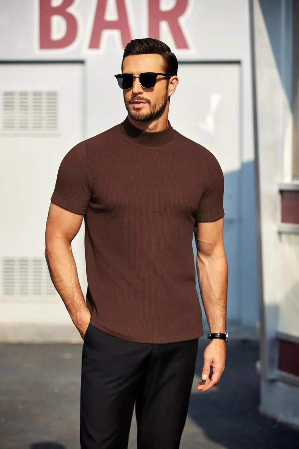 COOFANDY Mens Mock Turtleneck Sweater Short Sleeve Turtle Neck Sweaters Casual Ribbed Knited Pullover Tops Solid Basic Tee