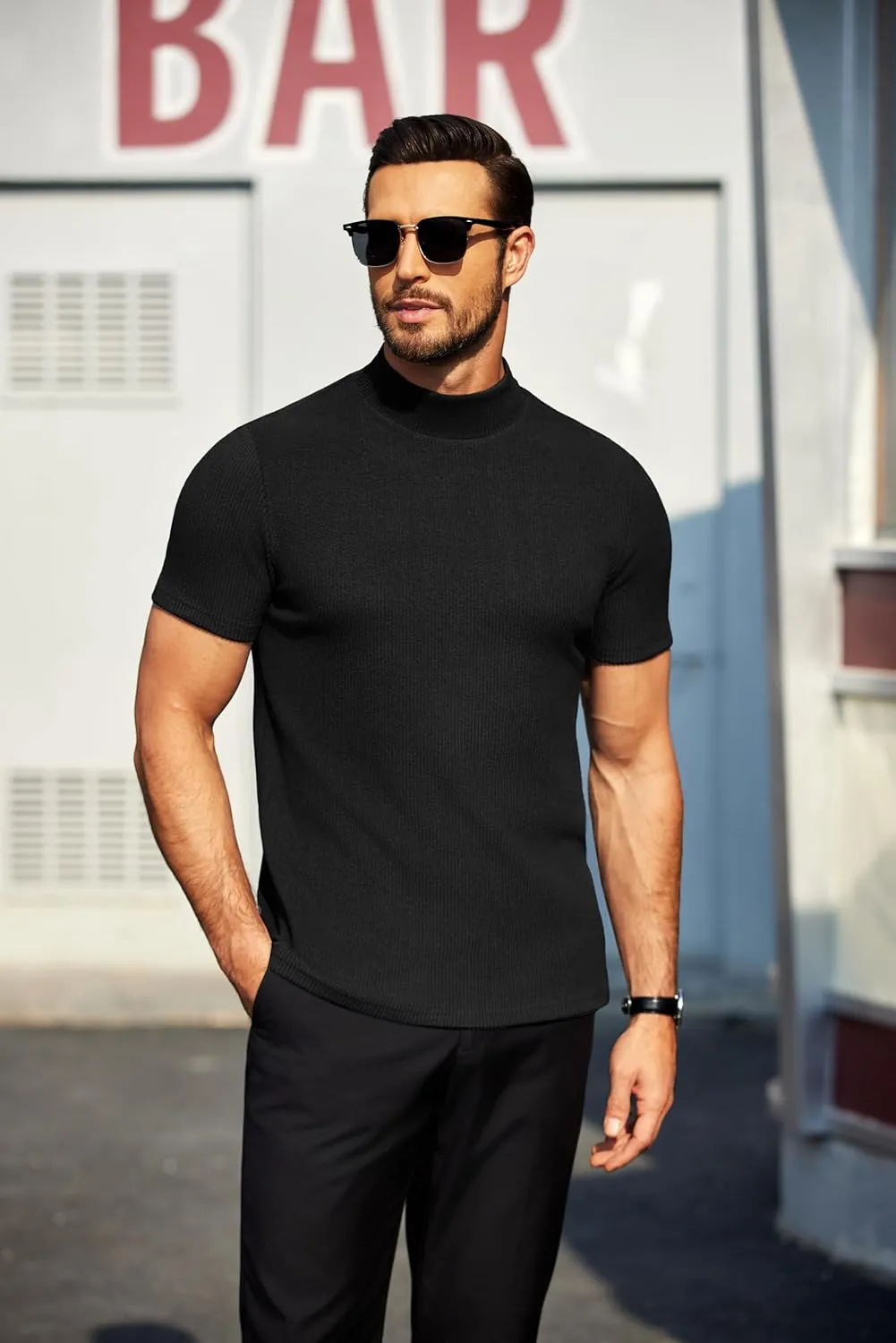 COOFANDY Mens Mock Turtleneck Sweater Short Sleeve Turtle Neck Sweaters Casual Ribbed Knited Pullover Tops Solid Basic Tee