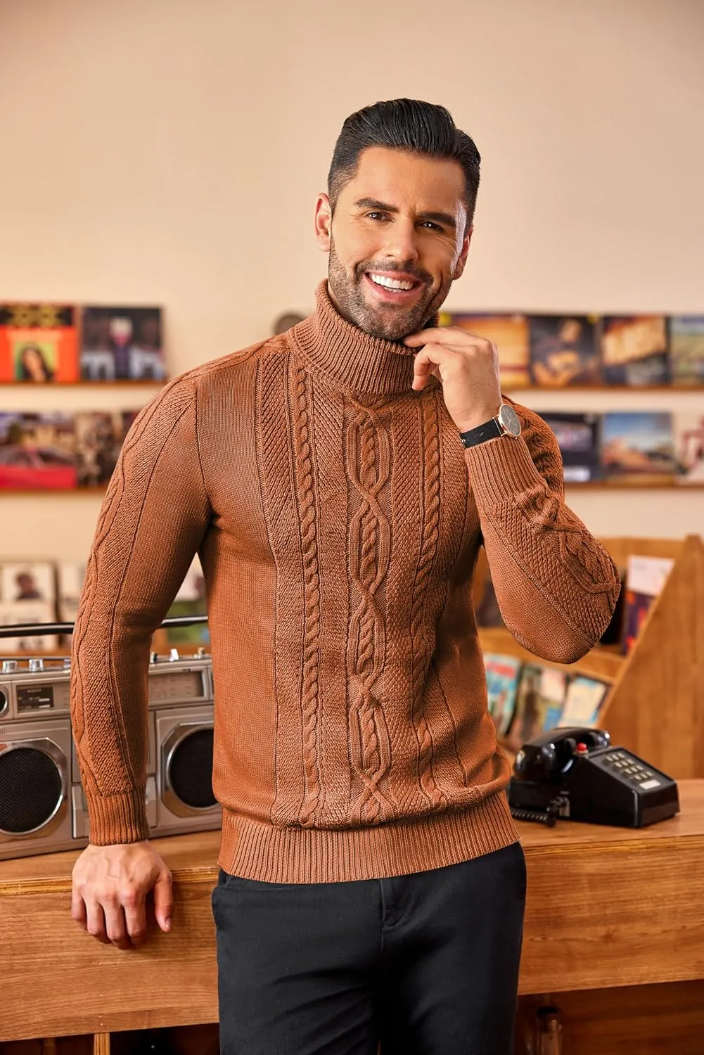 COOFANDY Men's Turtleneck Sweater Slim Fit Casual Warm Twisted Knitted Pullover Sweaters