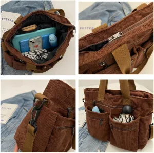 Corduroy Tote Bag for Women with Multiple Pockets Everyday Shoulder Crossbody Bag for Work Handbag Purse