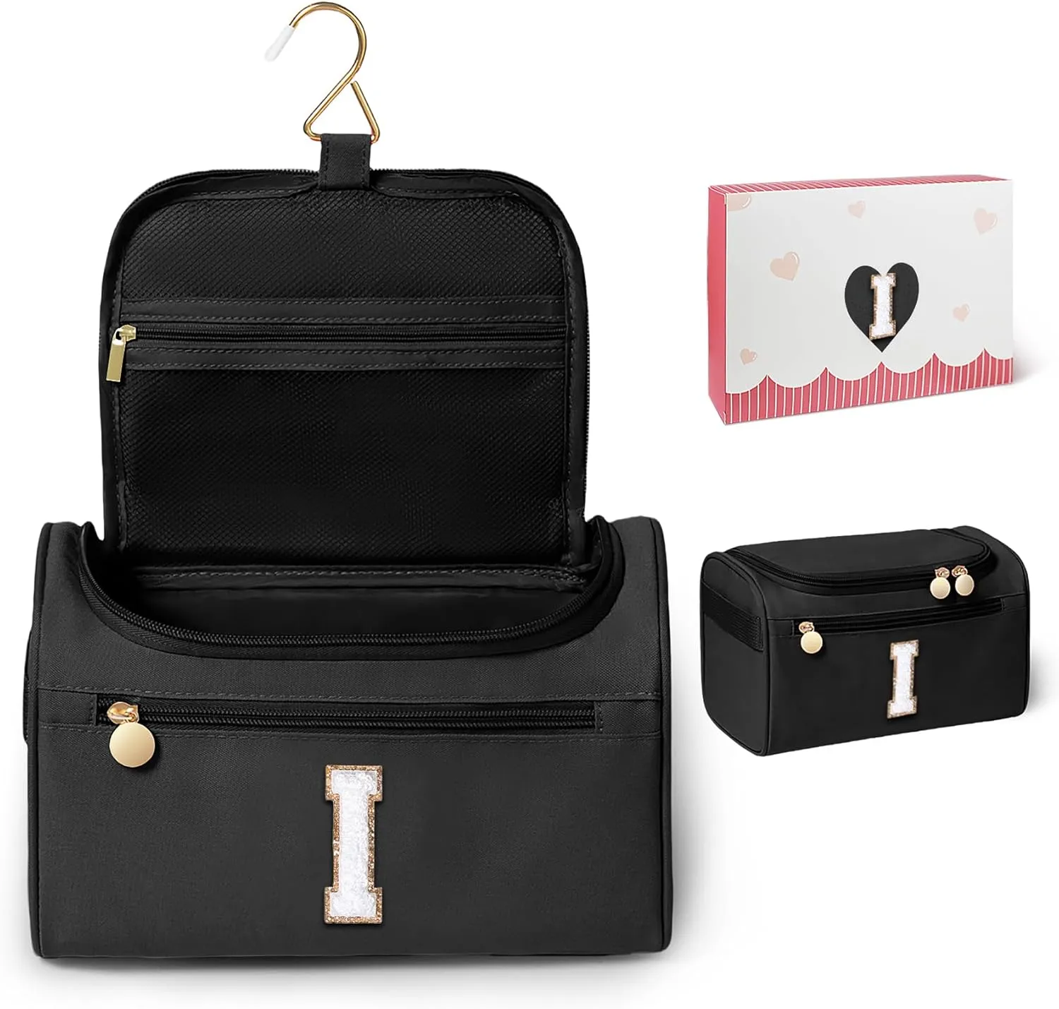 COSHAYSOO Initial Toiletries Bag Water Resistant Travel Gifts for Women Black Letter I