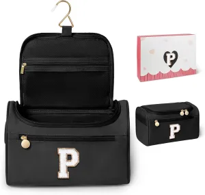 COSHAYSOO Initial Toiletries Bag Water Resistant Travel Gifts for Women Black Letter P