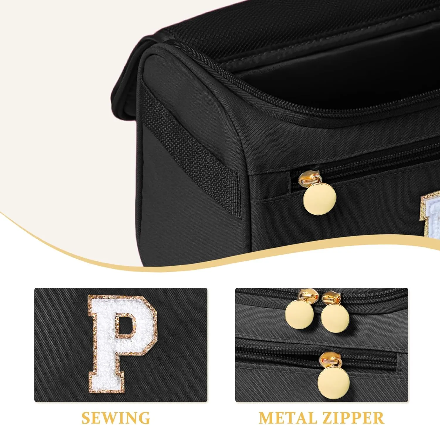 COSHAYSOO Initial Toiletries Bag Water Resistant Travel Gifts for Women Black Letter P