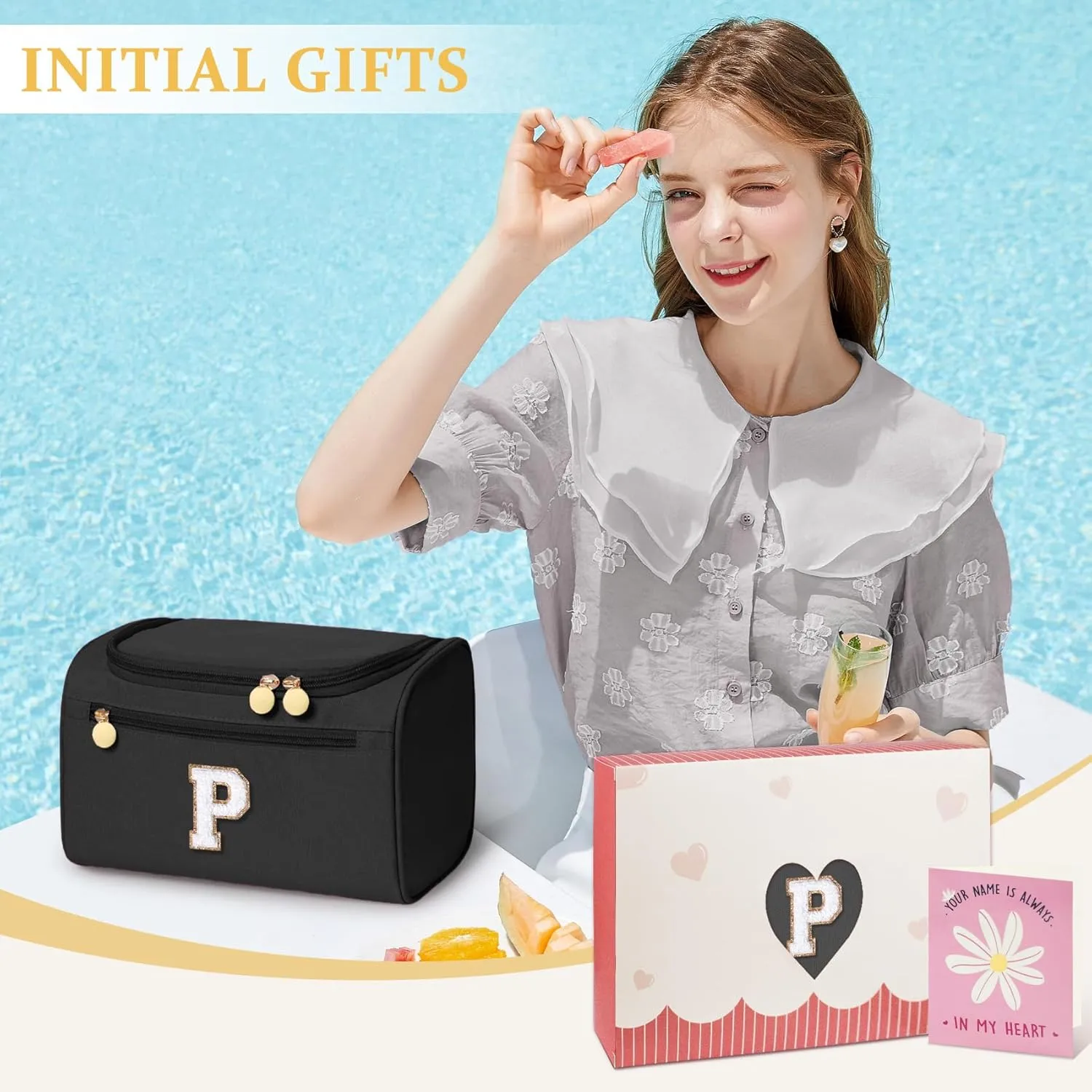 COSHAYSOO Initial Toiletries Bag Water Resistant Travel Gifts for Women Black Letter P