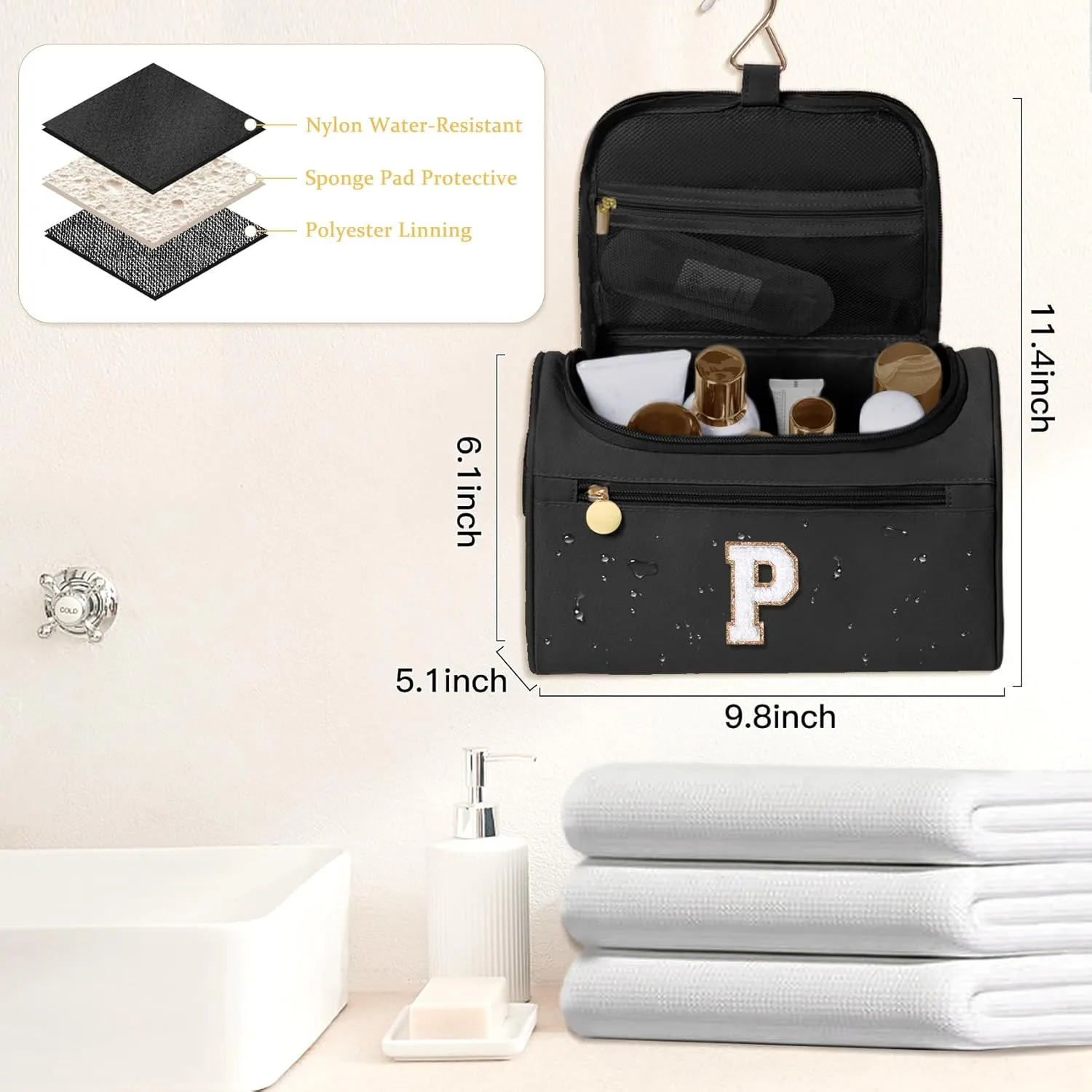 COSHAYSOO Initial Toiletries Bag Water Resistant Travel Gifts for Women Black Letter P