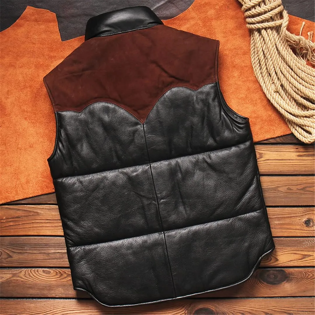 Cotton Padded Warm Mens Waistcoat Vest Coat Cowhide Leather Sheepskin Weskit Vest for Man European Outwear Jacket