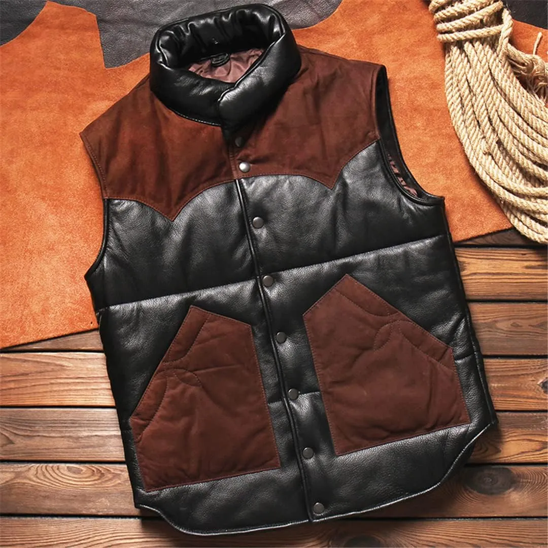 Cotton Padded Warm Mens Waistcoat Vest Coat Cowhide Leather Sheepskin Weskit Vest for Man European Outwear Jacket