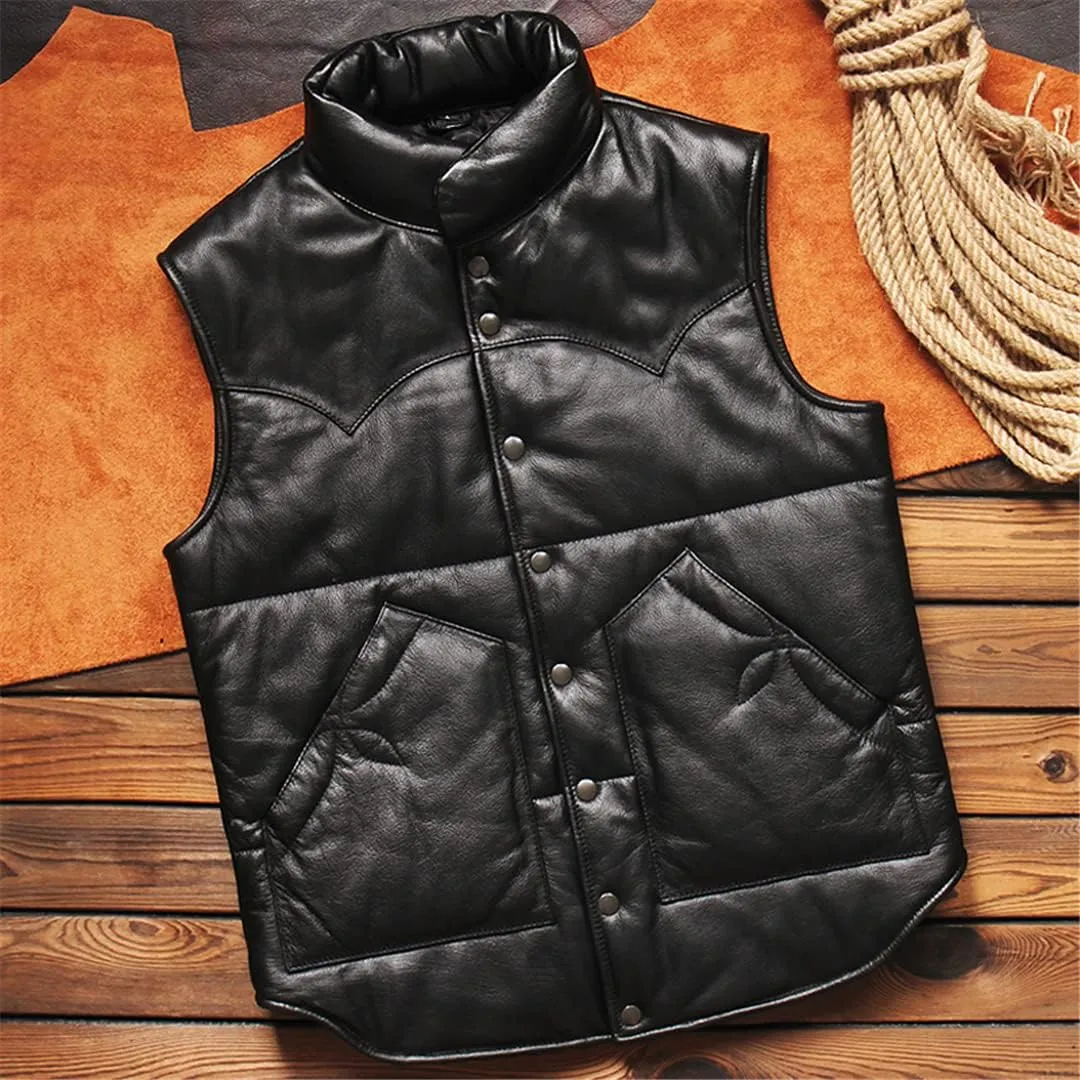 Cotton Padded Warm Mens Waistcoat Vest Coat Cowhide Leather Sheepskin Weskit Vest for Man European Outwear Jacket