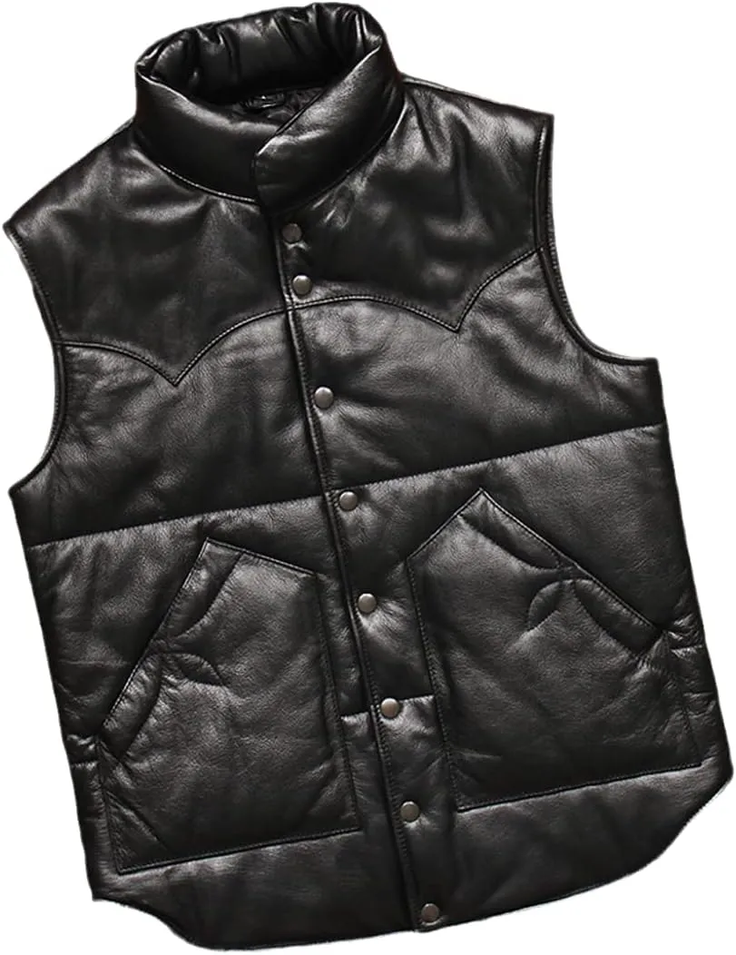 Cotton Padded Warm Mens Waistcoat Vest Coat Cowhide Leather Sheepskin Weskit Vest for Man European Outwear Jacket
