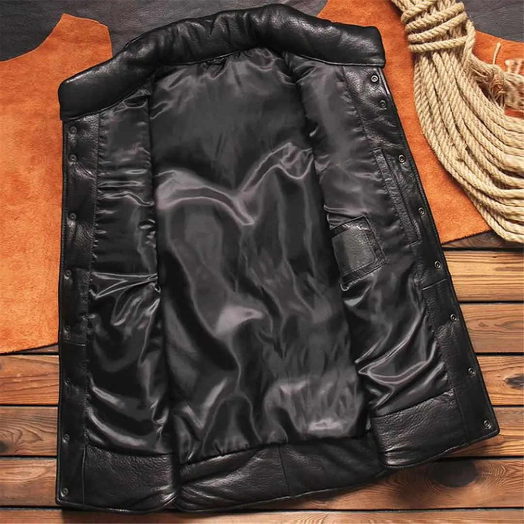 Cotton Padded Warm Mens Waistcoat Vest Coat Cowhide Leather Sheepskin Weskit Vest for Man European Outwear Jacket