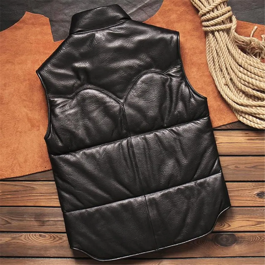 Cotton Padded Warm Mens Waistcoat Vest Coat Cowhide Leather Sheepskin Weskit Vest for Man European Outwear Jacket