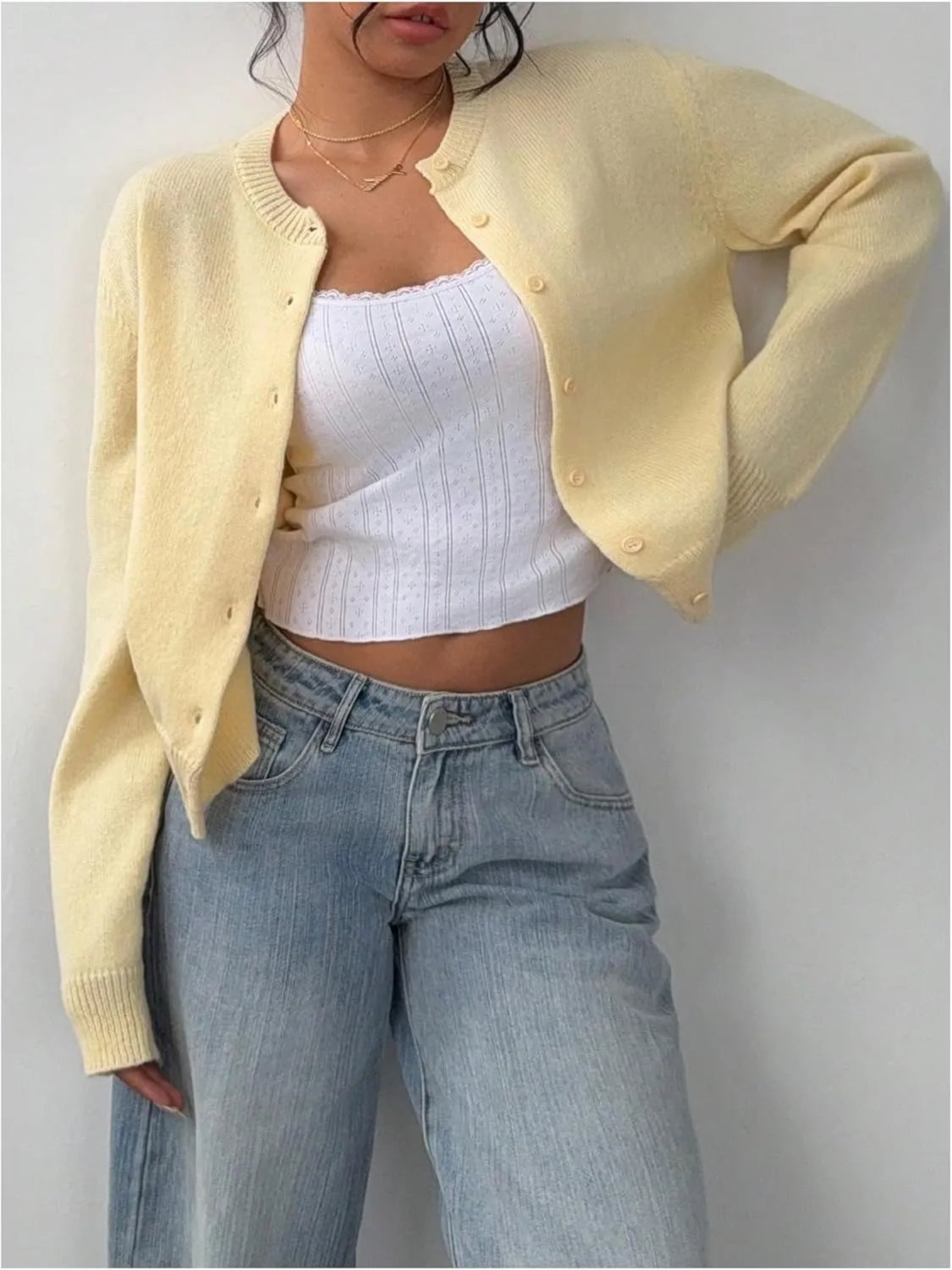 COZYEASE Women's Lightweight Button Up Cardigan Long Sleeve Crew Neck Knit Sweaters Coat