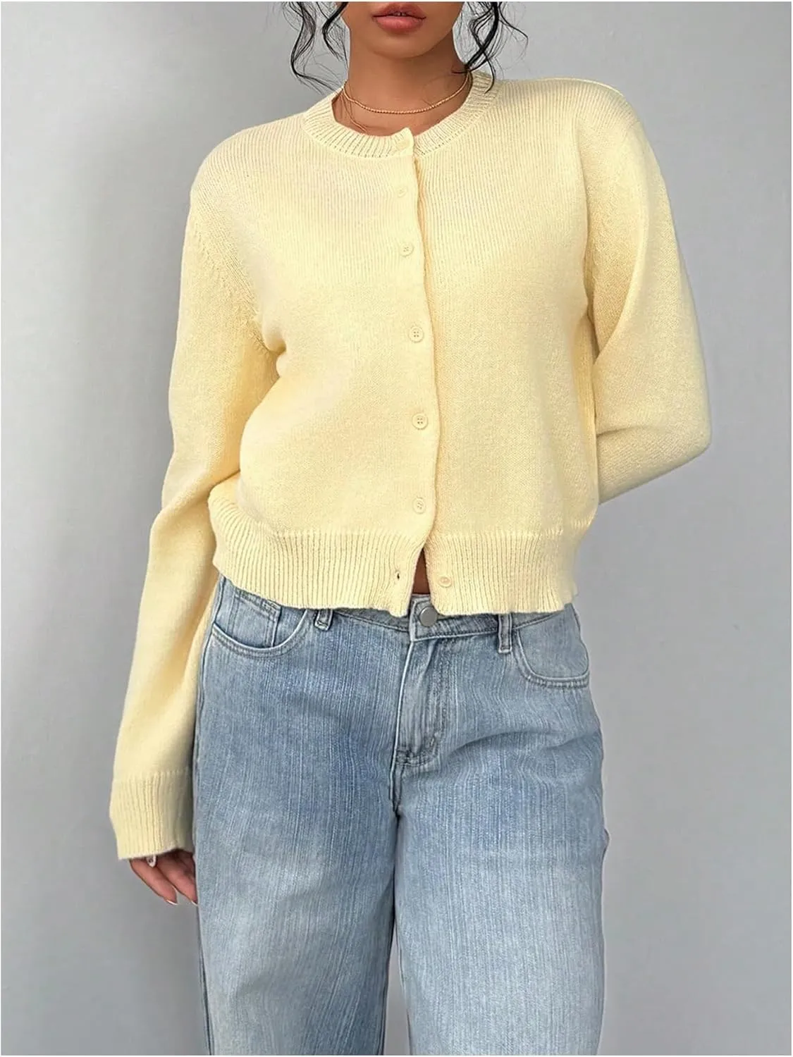 COZYEASE Women's Lightweight Button Up Cardigan Long Sleeve Crew Neck Knit Sweaters Coat