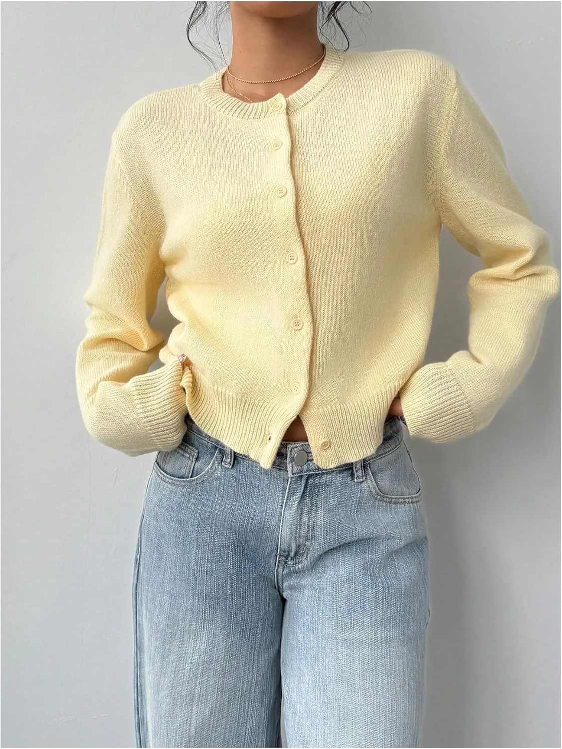 COZYEASE Women's Lightweight Button Up Cardigan Long Sleeve Crew Neck Knit Sweaters Coat
