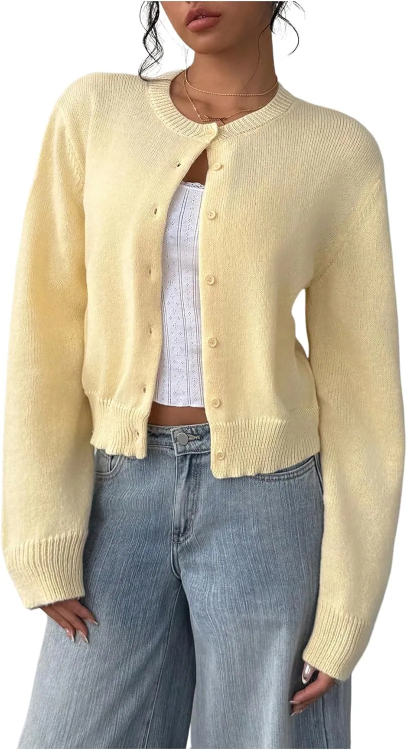 COZYEASE Women's Lightweight Button Up Cardigan Long Sleeve Crew Neck Knit Sweaters Coat