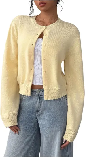 COZYEASE Women's Lightweight Button Up Cardigan Long Sleeve Crew Neck Knit Sweaters Coat