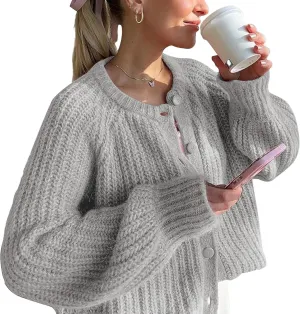 Crochet Cardigan Sweaters for Women Tops Chunky Knitted Crew Neck Long Sleeve Button Down Jackets Open Front Coat