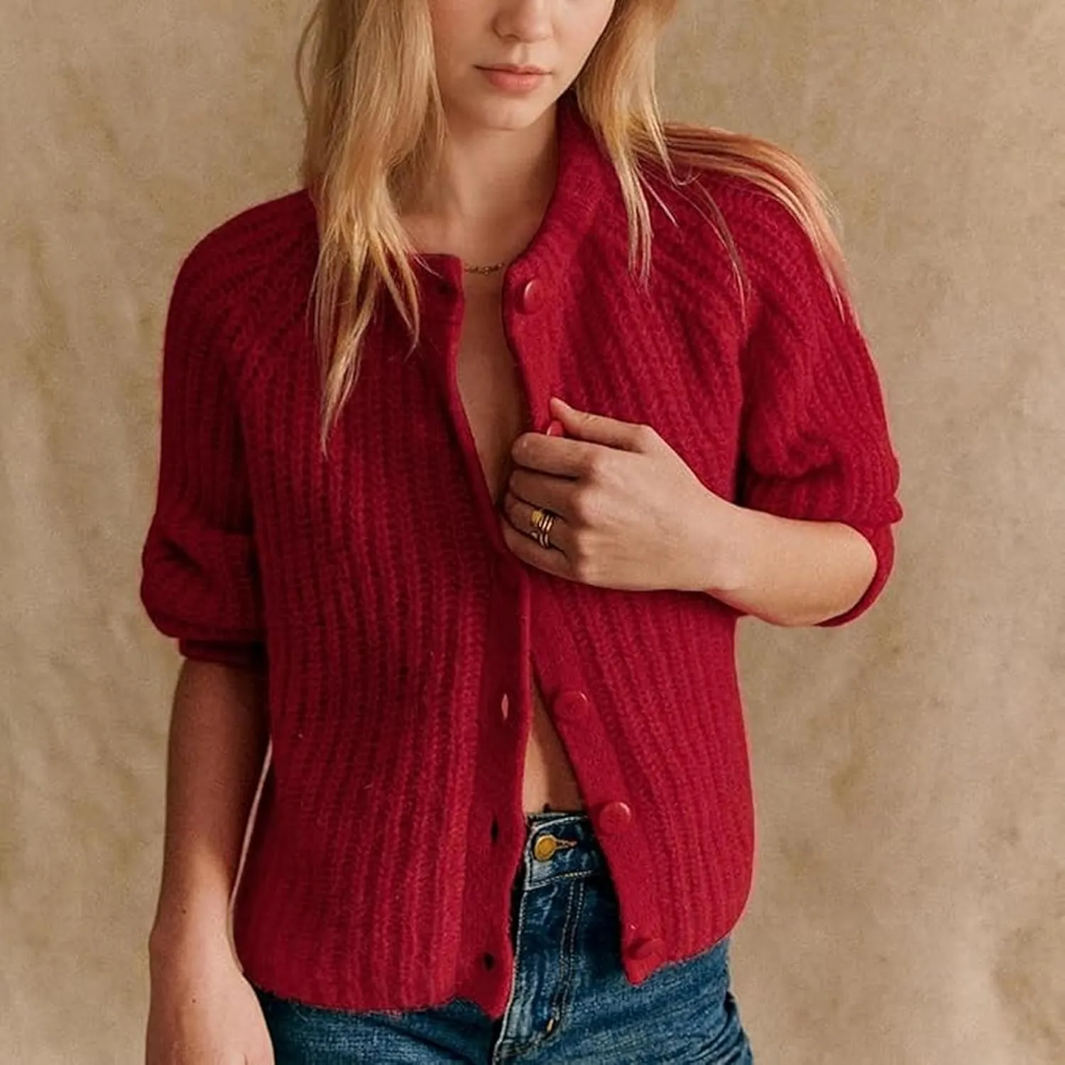 Crochet Cardigan Sweaters for Women Tops Chunky Knitted Crew Neck Long Sleeve Button Down Jackets Open Front Coat