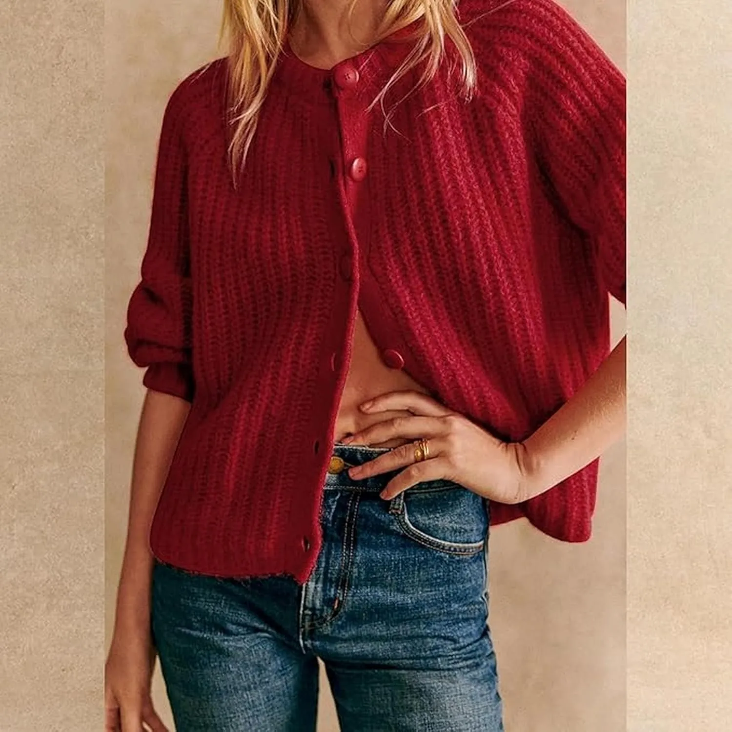Crochet Cardigan Sweaters for Women Tops Chunky Knitted Crew Neck Long Sleeve Button Down Jackets Open Front Coat