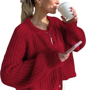 Crochet Cardigan Sweaters for Women Tops Chunky Knitted Crew Neck Long Sleeve Button Down Jackets Open Front Coat