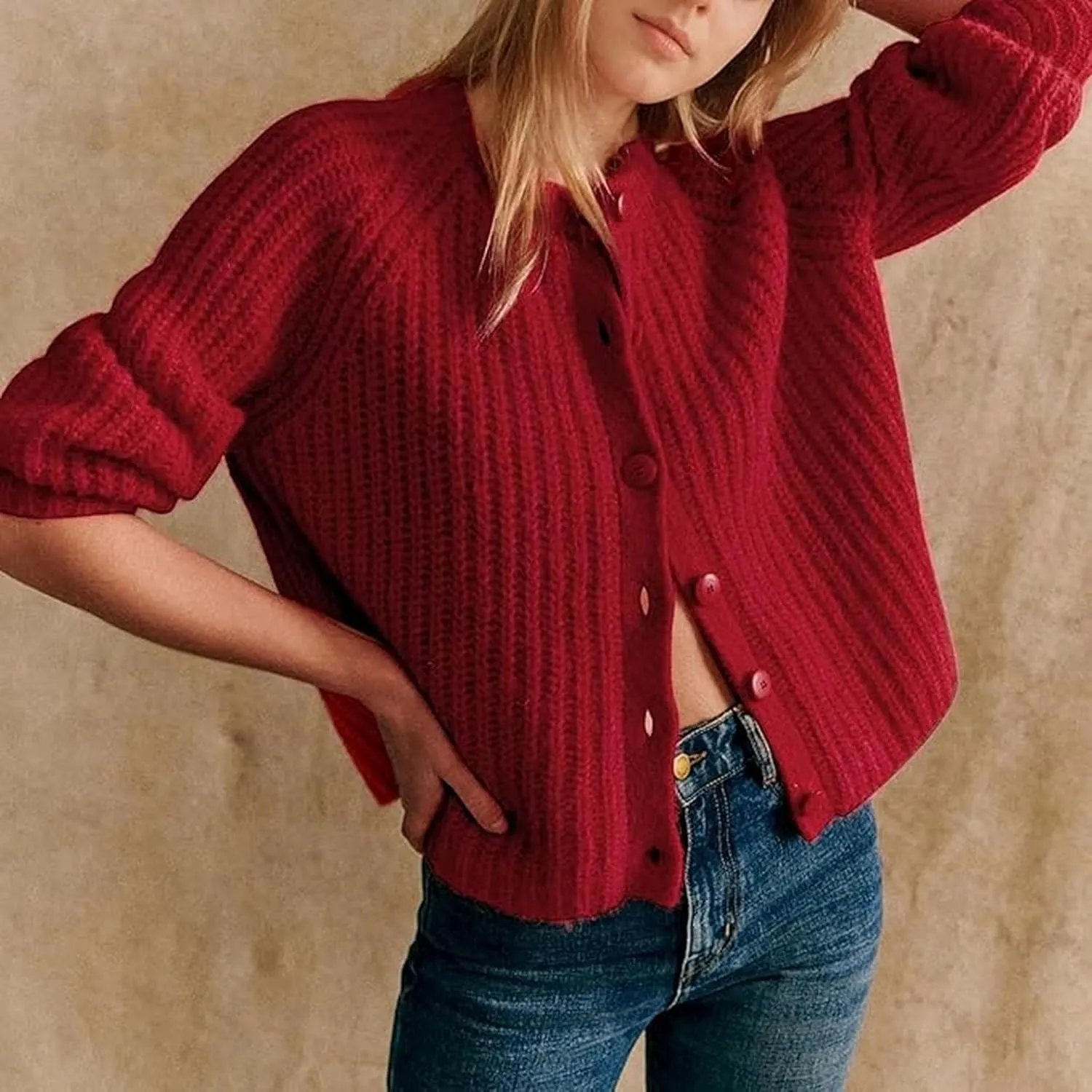 Crochet Cardigan Sweaters for Women Tops Chunky Knitted Crew Neck Long Sleeve Button Down Jackets Open Front Coat