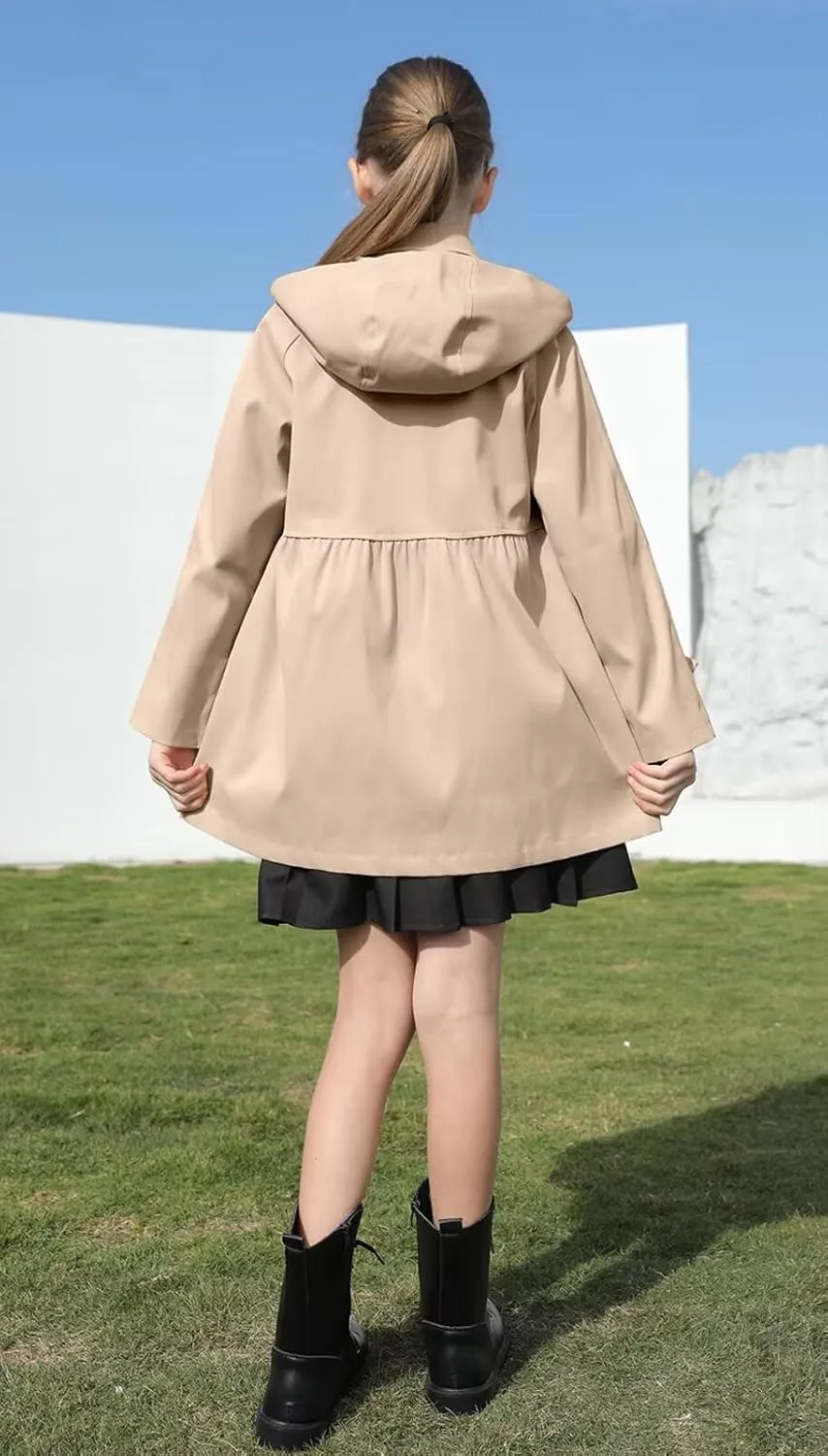 Cromoncent Girl's Waterproof Hoodie Trench Coat Cute Dress Coat Outerwear, 3-12 Years