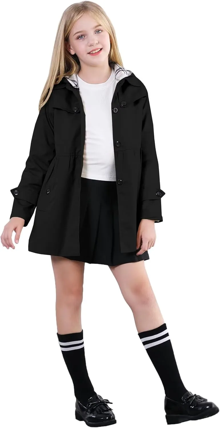 Cromoncent Girl's Waterproof Hoodie Trench Coat Cute Dress Coat Outerwear, 3-12 Years