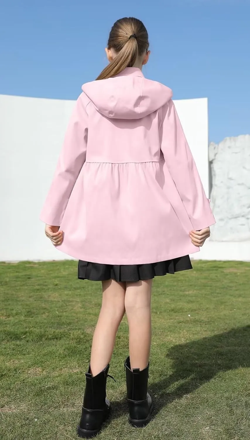 Cromoncent Girl's Waterproof Hoodie Trench Coat Cute Dress Coat Outerwear, 3-12 Years