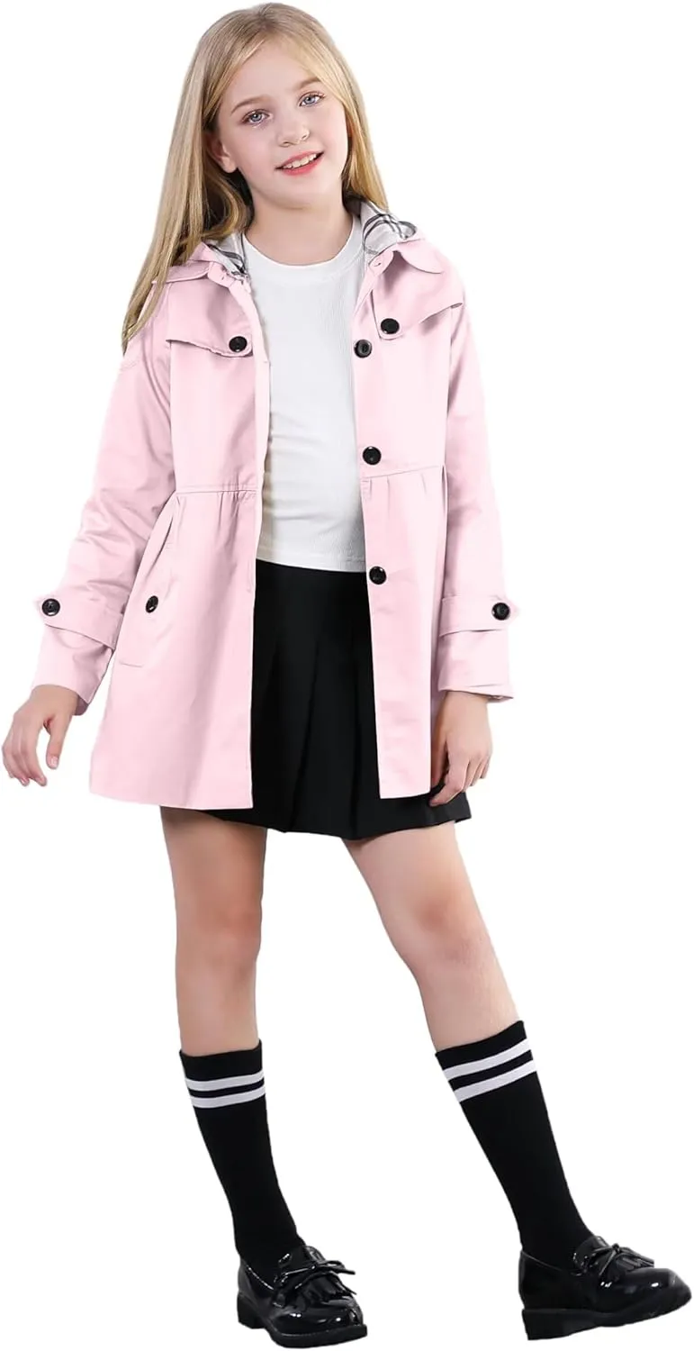 Cromoncent Girl's Waterproof Hoodie Trench Coat Cute Dress Coat Outerwear, 3-12 Years