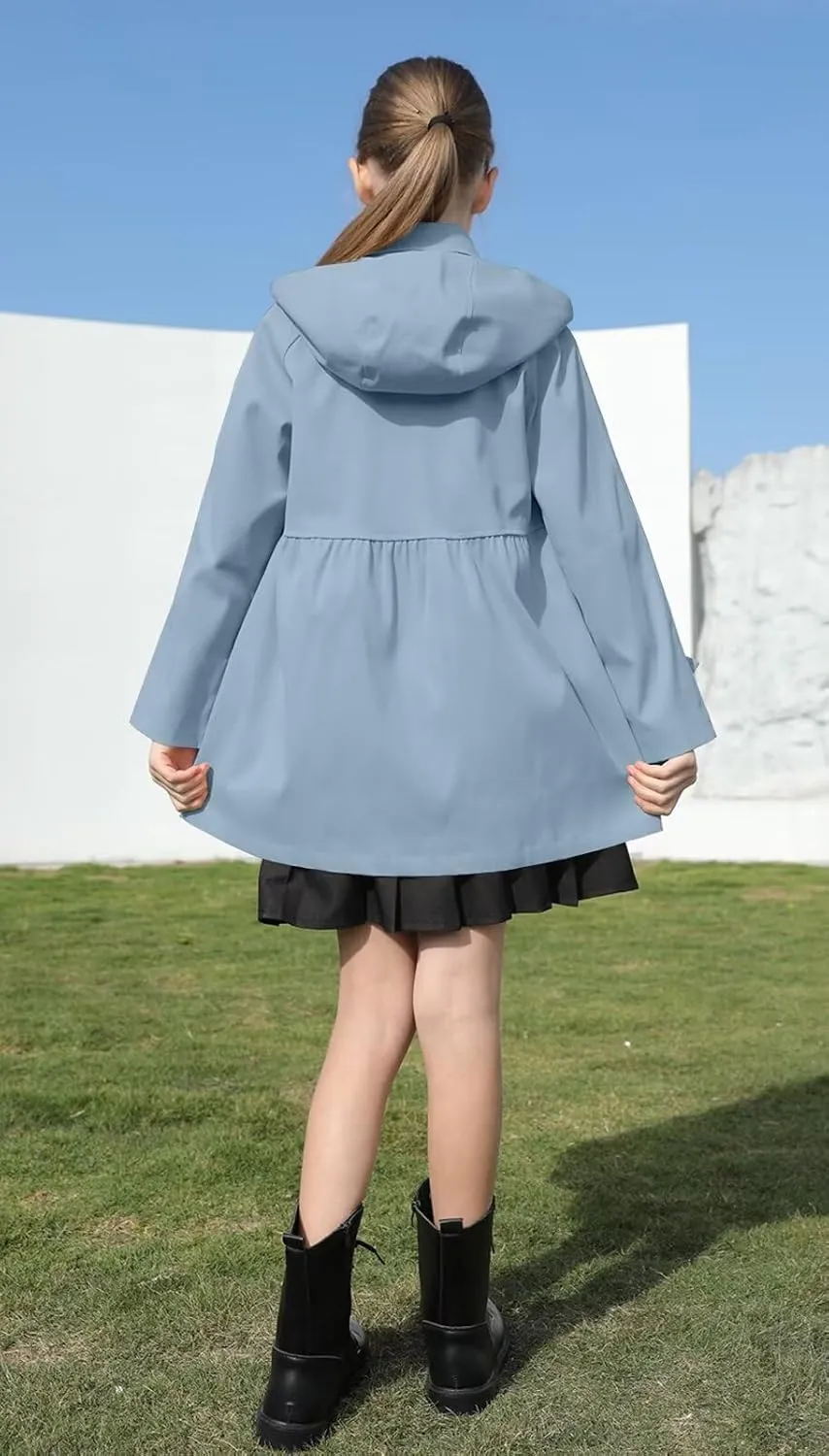 Cromoncent Girl's Waterproof Hoodie Trench Coat Cute Dress Coat Outerwear, 3-12 Years