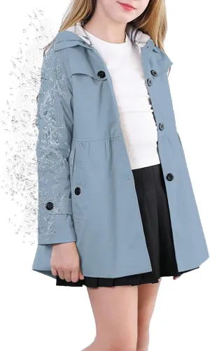 Cromoncent Girl's Waterproof Hoodie Trench Coat Cute Dress Coat Outerwear, 3-12 Years