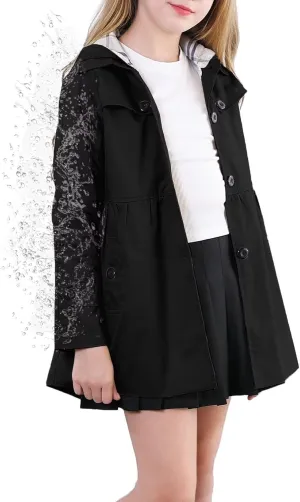 Cromoncent Girl's Waterproof Hoodie Trench Coat Cute Dress Coat Outerwear, 3-12 Years