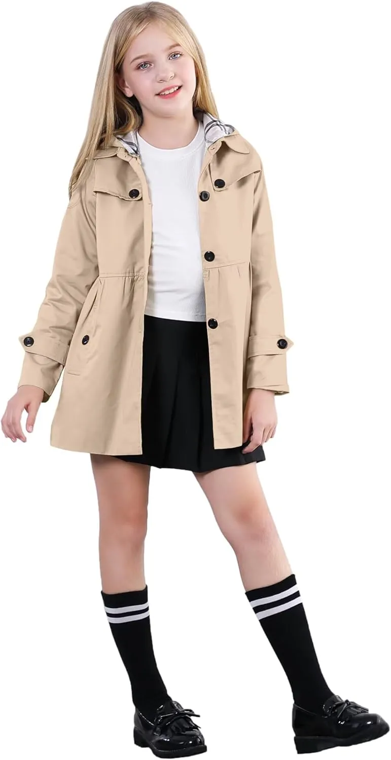 Cromoncent Girl's Waterproof Hoodie Trench Coat Cute Dress Coat Outerwear, 3-12 Years