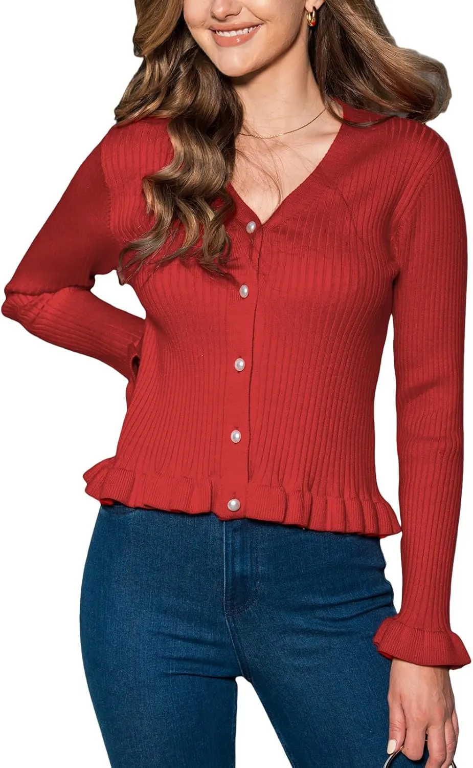 CUPSHE Cardigan Sweaters for Women Long Sleeve Slim Ribbed Knit Ruffle Trim Sweater Tops