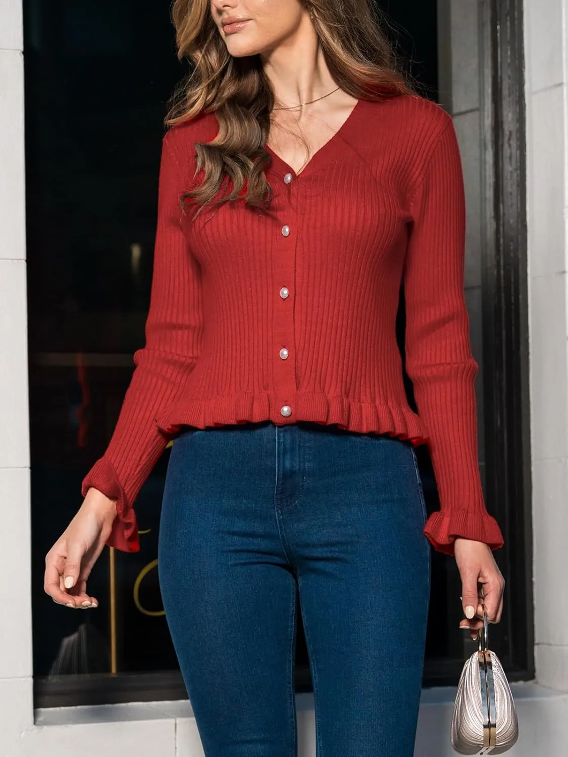 CUPSHE Cardigan Sweaters for Women Long Sleeve Slim Ribbed Knit Ruffle Trim Sweater Tops