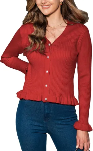CUPSHE Cardigan Sweaters for Women Long Sleeve Slim Ribbed Knit Ruffle Trim Sweater Tops